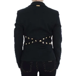 Black Cotton Stretch Gold Studded Blazer Jacket