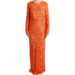 Orange Floral Ricamo Sheath Long Dress