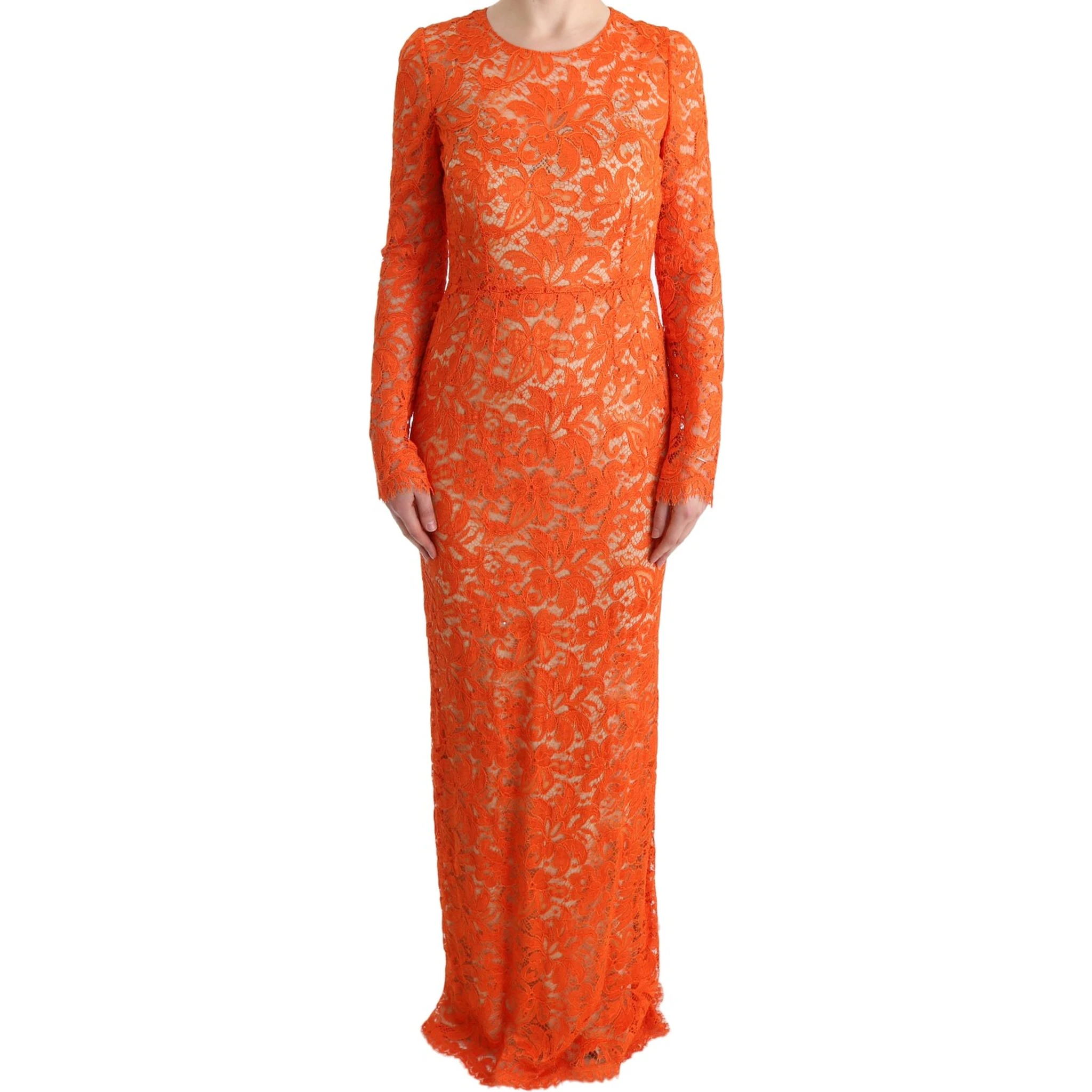 Orange Floral Ricamo Sheath Long Dress