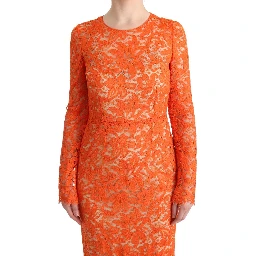 Orange Floral Ricamo Sheath Long Dress
