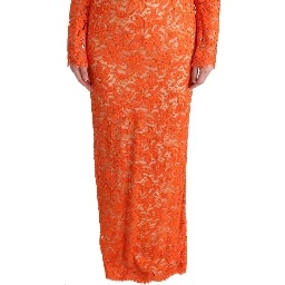 Orange Floral Ricamo Sheath Long Dress
