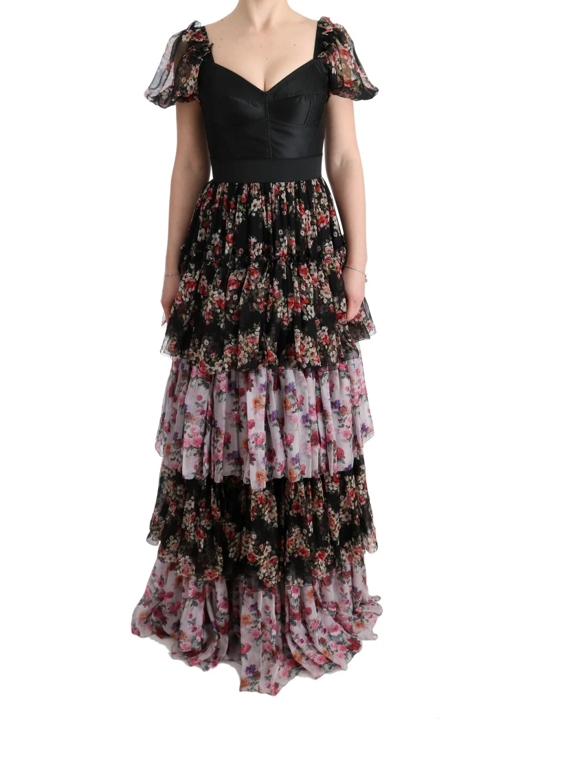 Multicolor Silk Stretch Floral Shift Long Dress
