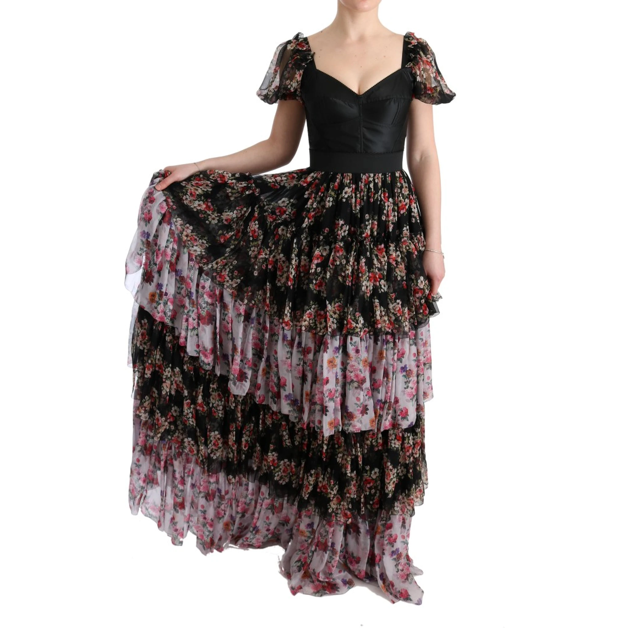 Multicolor Silk Stretch Floral Shift Long Dress