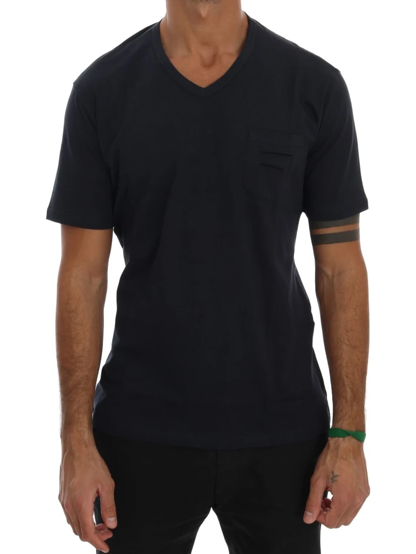 Blue Cotton V-neck T-Shirt