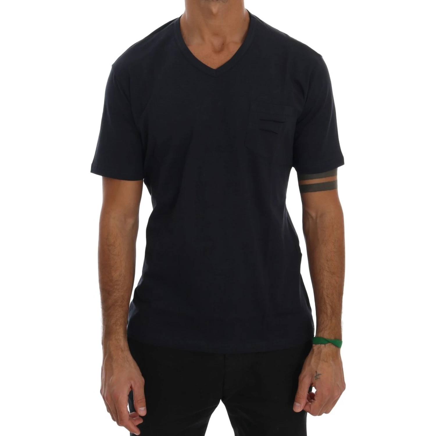 Blue Cotton V-neck T-Shirt
