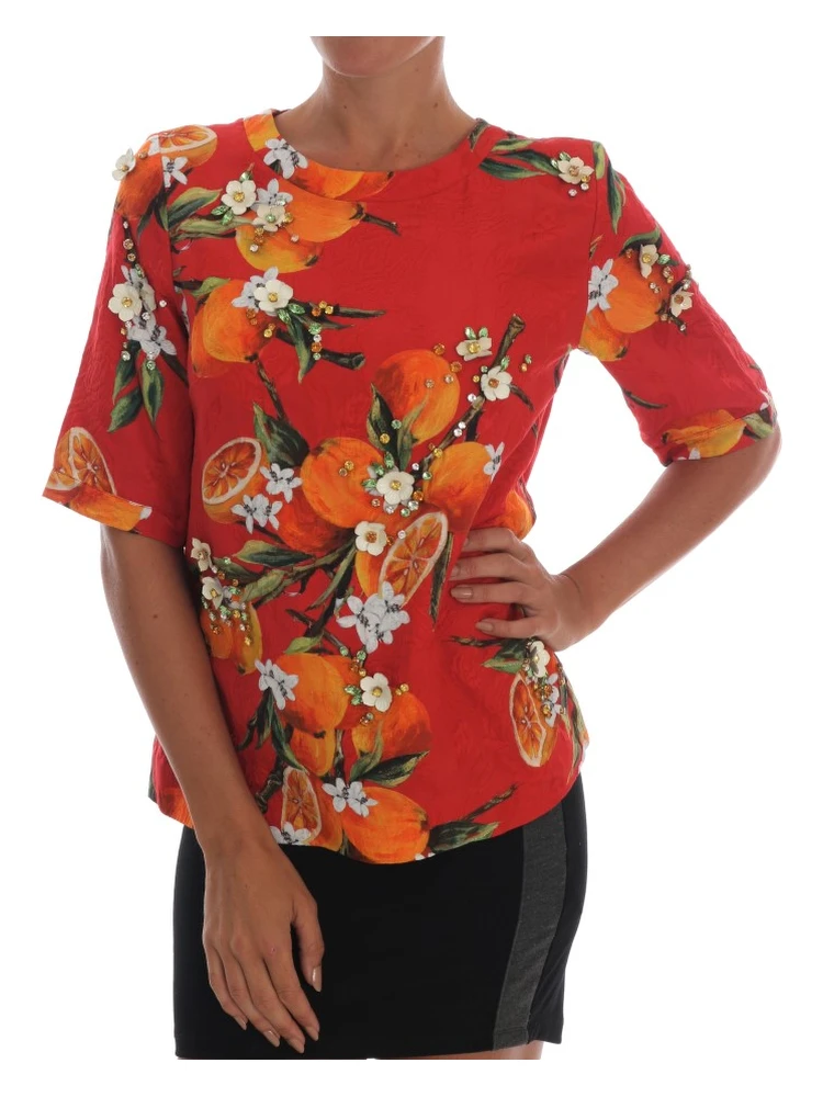Orange Print Crystal-Embellished Blouse