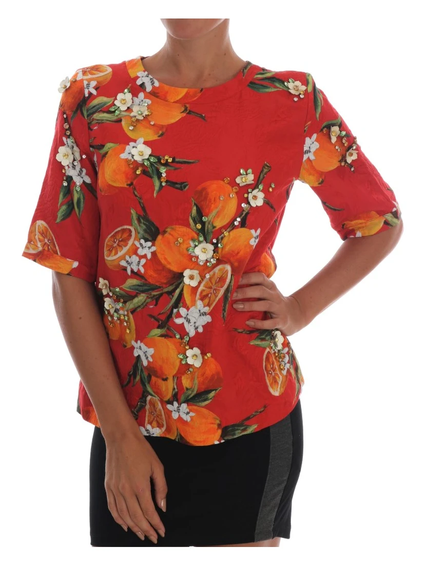 Orange Print Crystal-Embellished Blouse