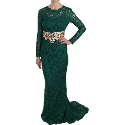 Crystal Gold Belt Lace Sheath Gown Dress