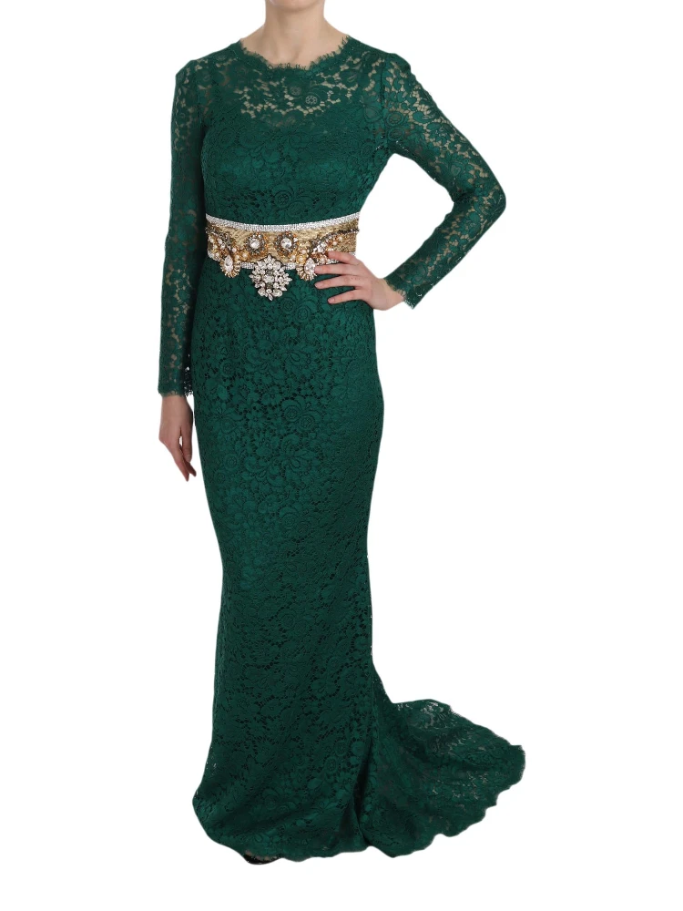 Crystal Gold Belt Lace Sheath Gown Dress