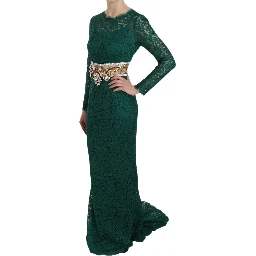 Crystal Gold Belt Lace Sheath Gown Dress