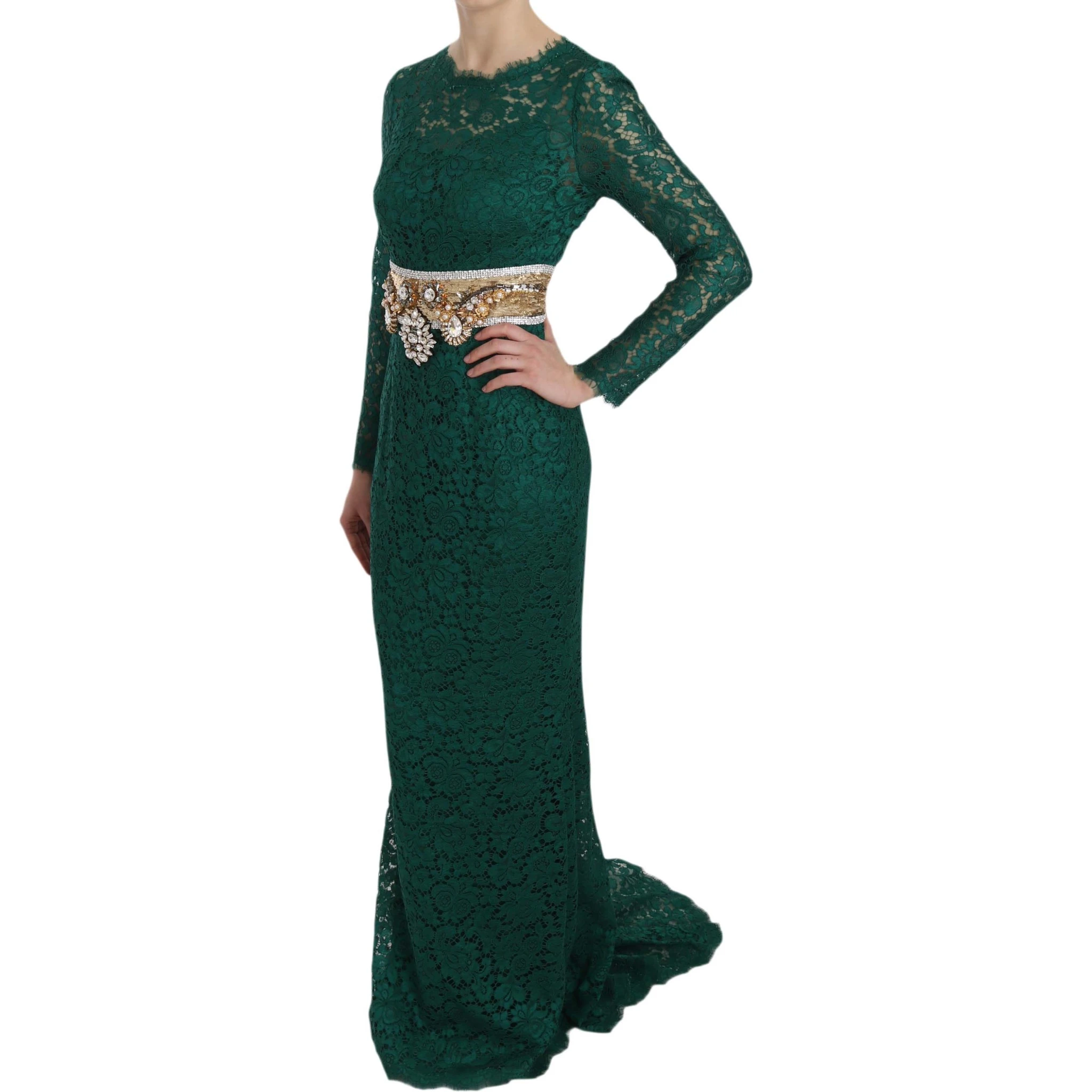 Crystal Gold Belt Lace Sheath Gown Dress