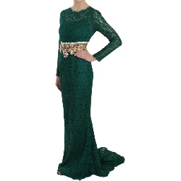 Crystal Gold Belt Lace Sheath Gown Dress