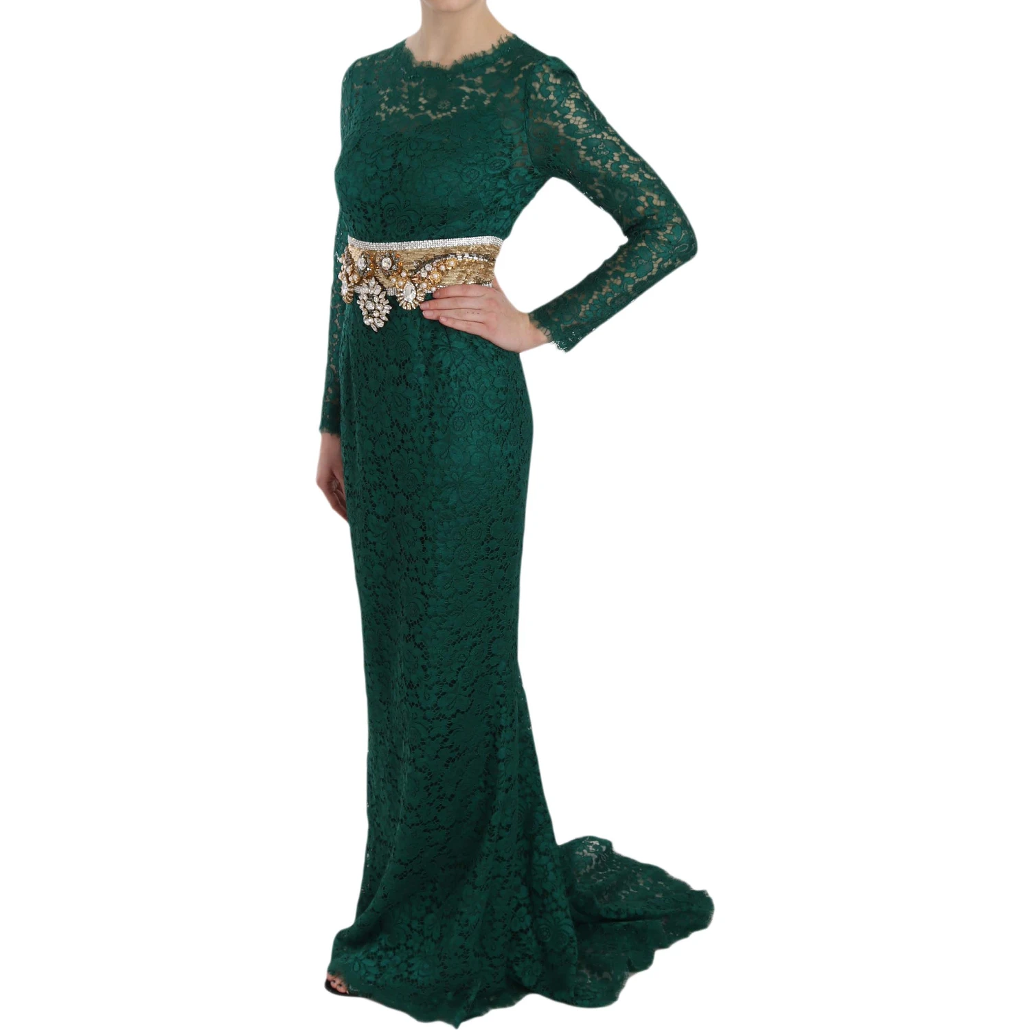 Crystal Gold Belt Lace Sheath Gown Dress