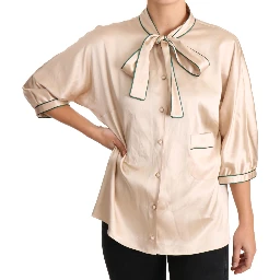 Beige Ribbon Silk Stretch Top Blouse