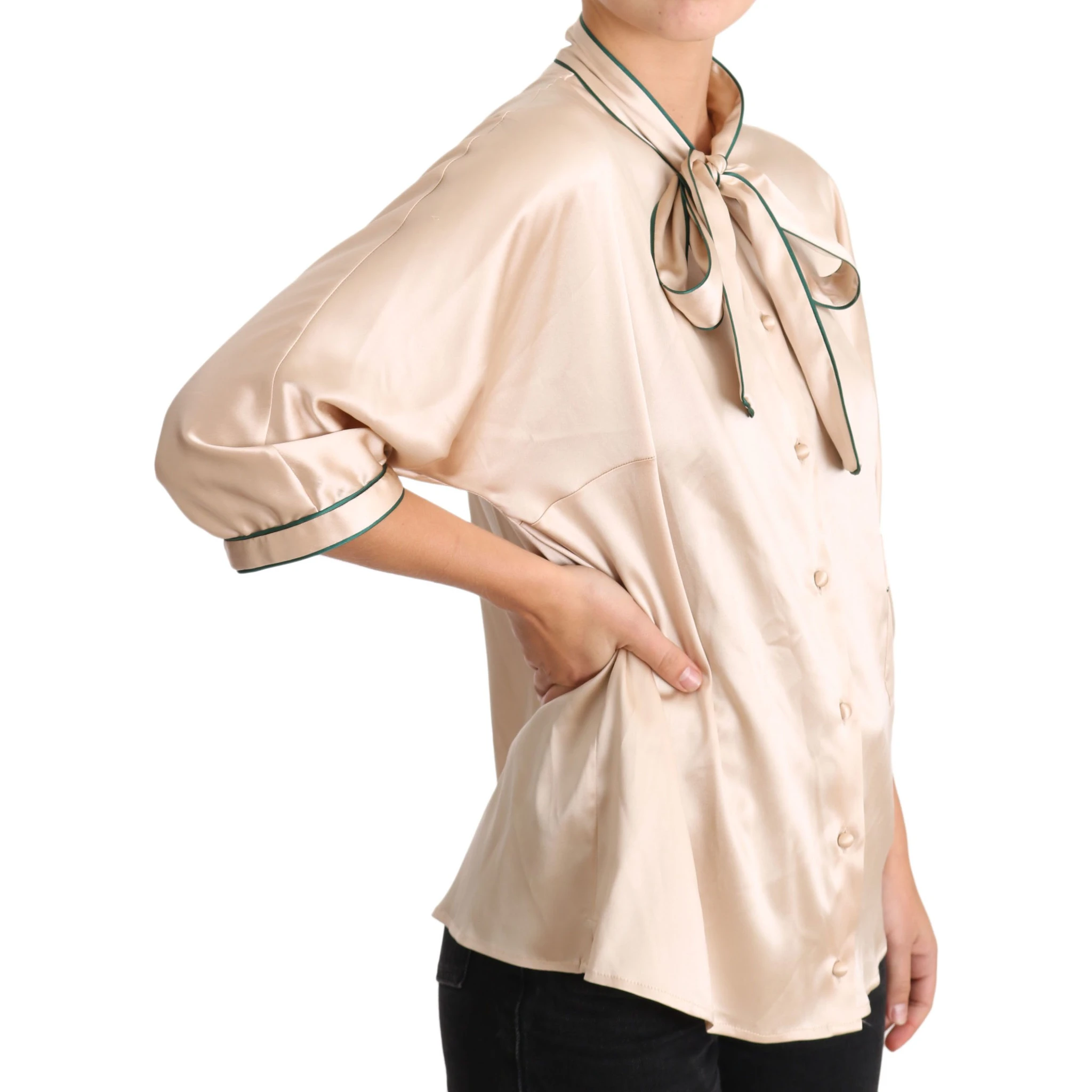 Beige Ribbon Silk Stretch Top Blouse