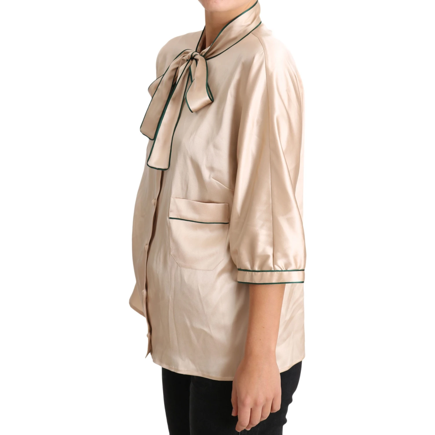 Beige Ribbon Silk Stretch Top Blouse