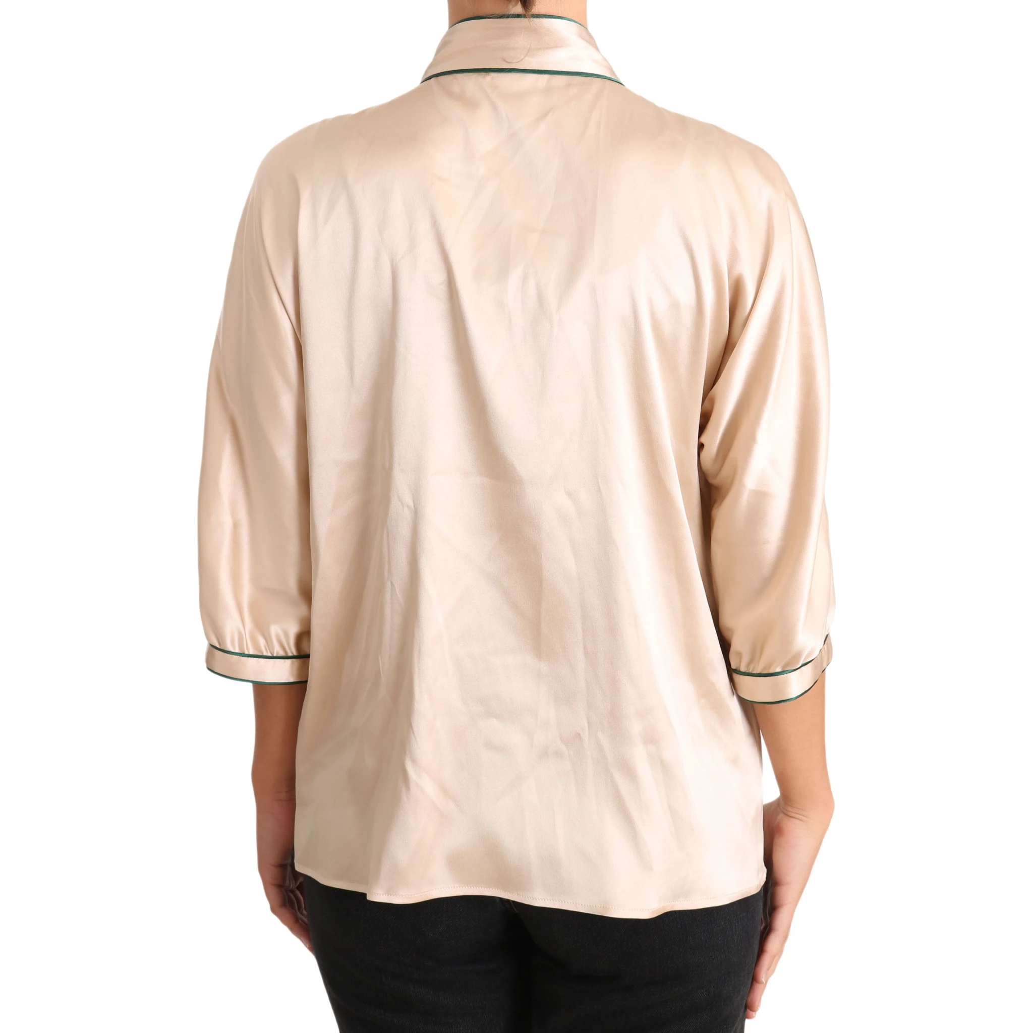 Beige Ribbon Silk Stretch Top Blouse