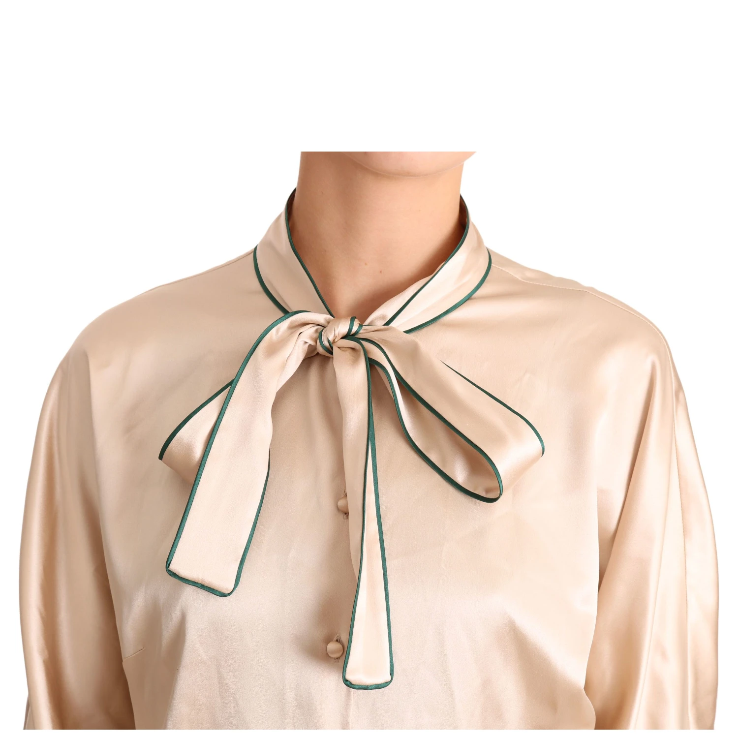 Beige Ribbon Silk Stretch Top Blouse