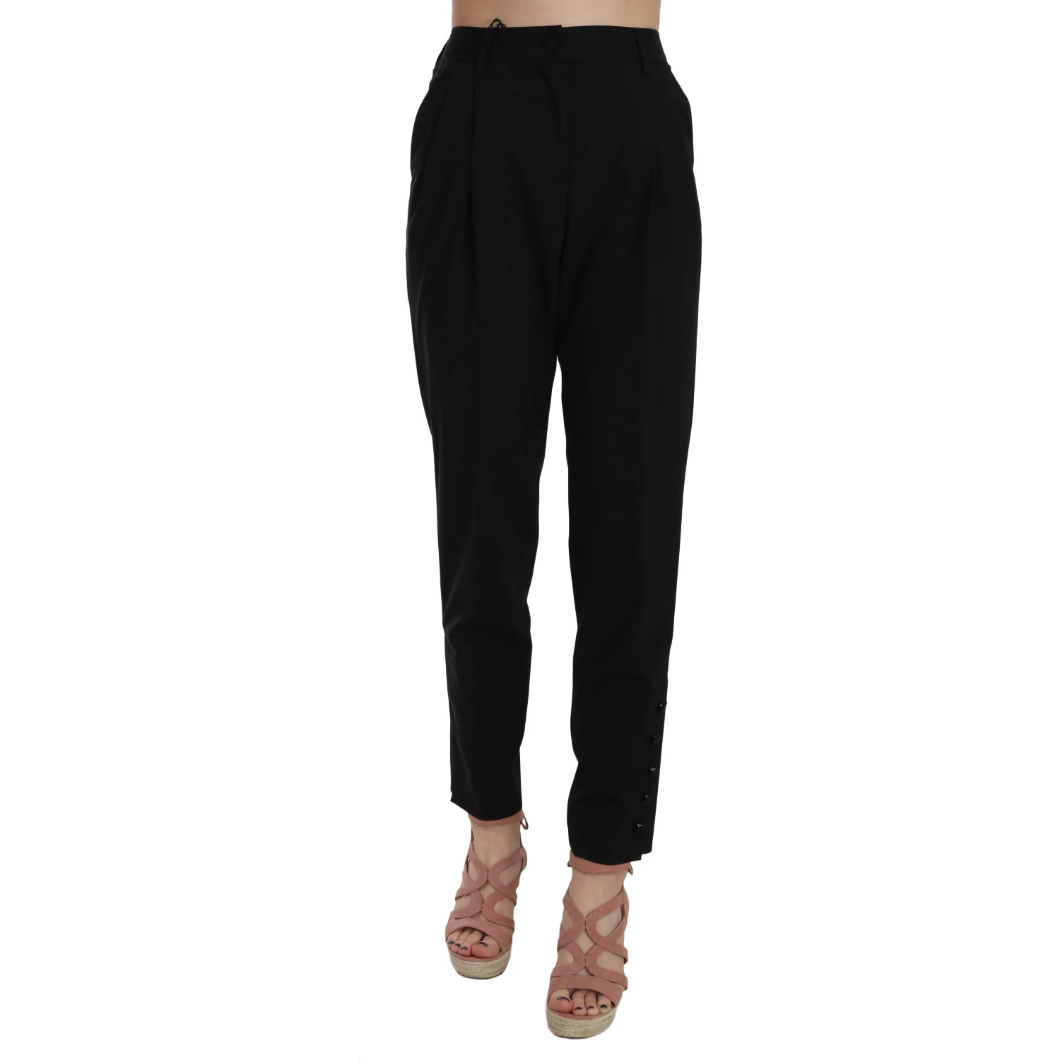 Black Button Pleated Tapered Trouser Pants