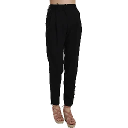 Black Button Pleated Tapered Trouser Pants