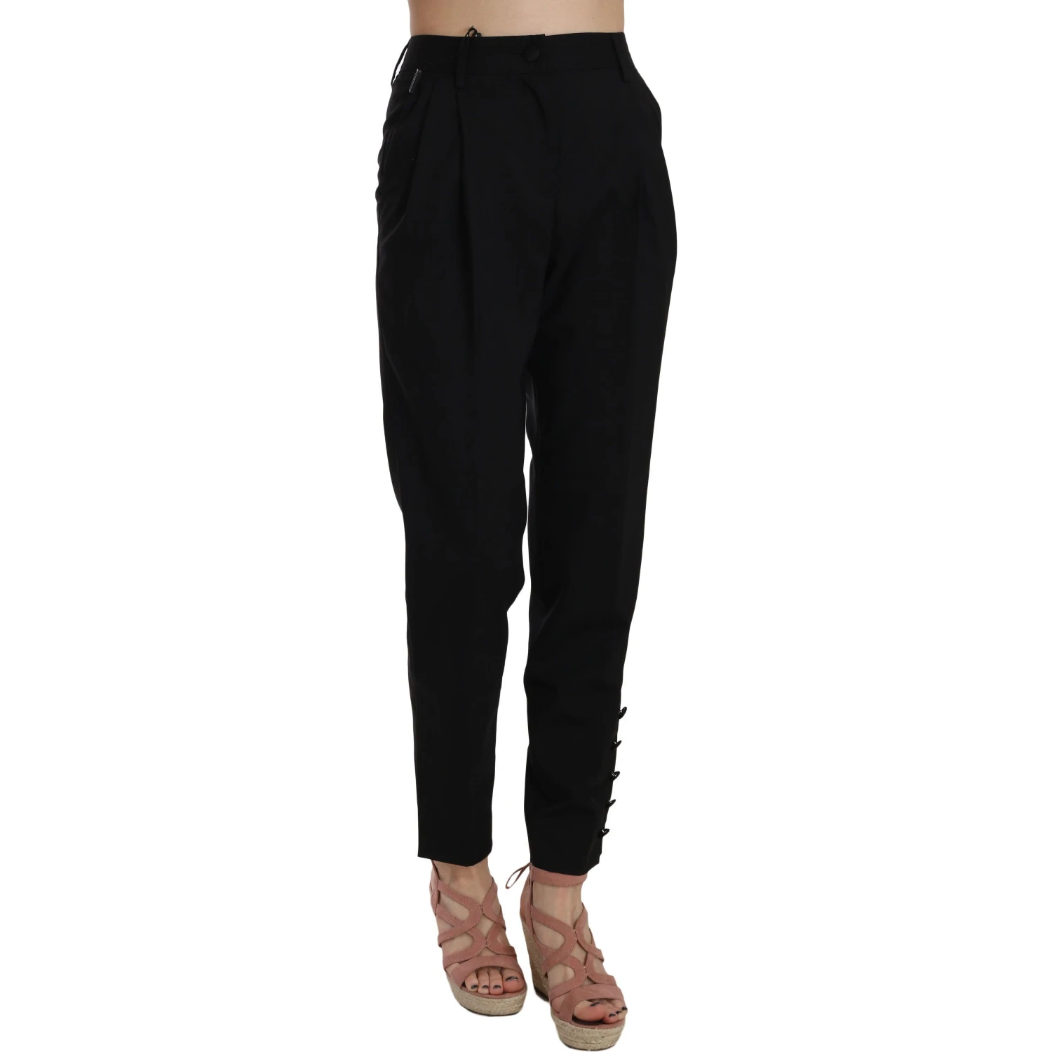 Black Button Pleated Tapered Trouser Pants