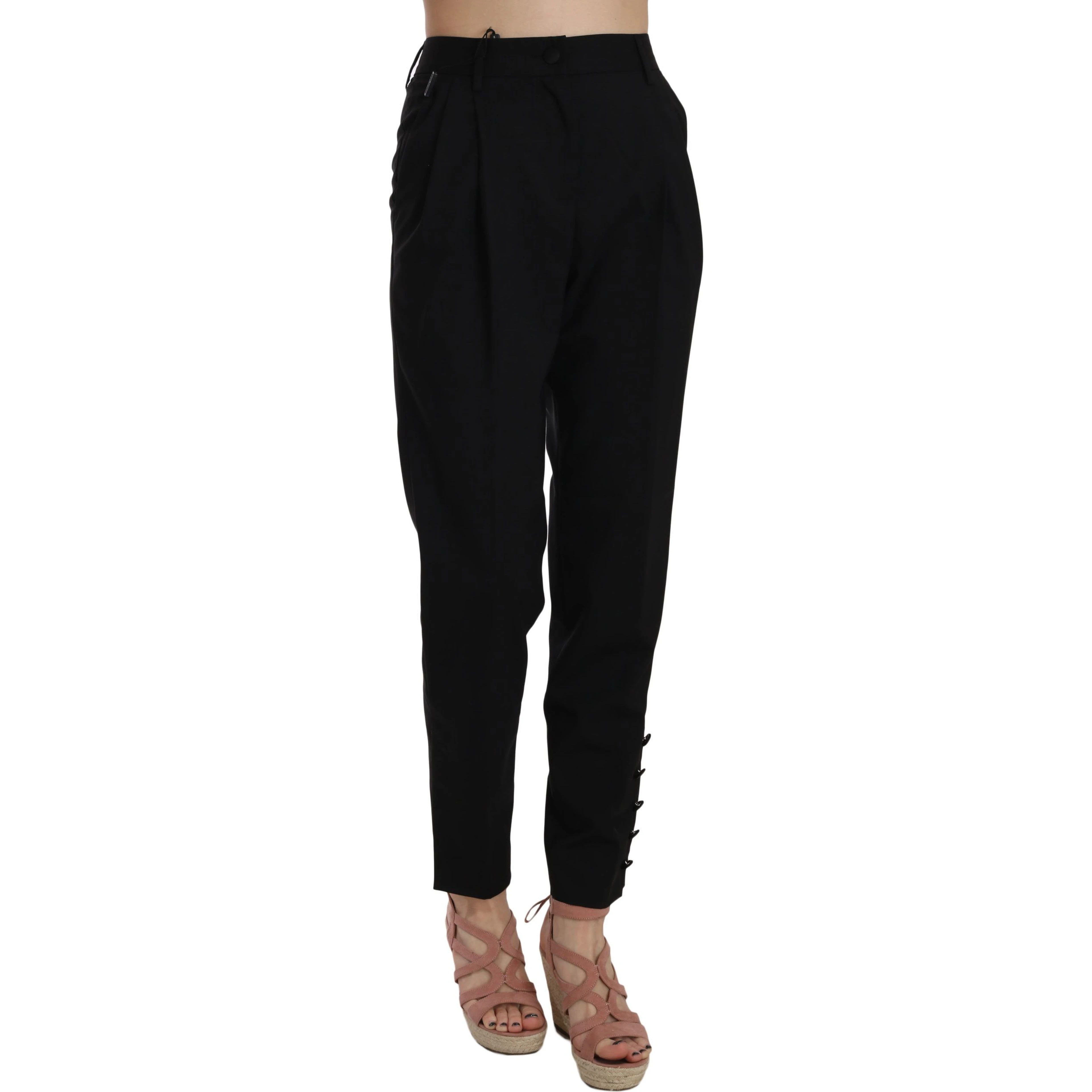 Black Button Pleated Tapered Trouser Pants