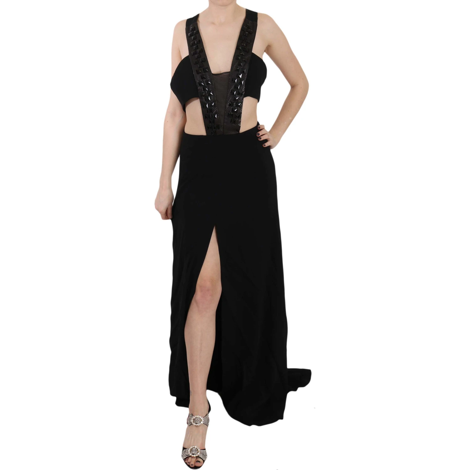 Black Crystal Leather Gown Flare Dress