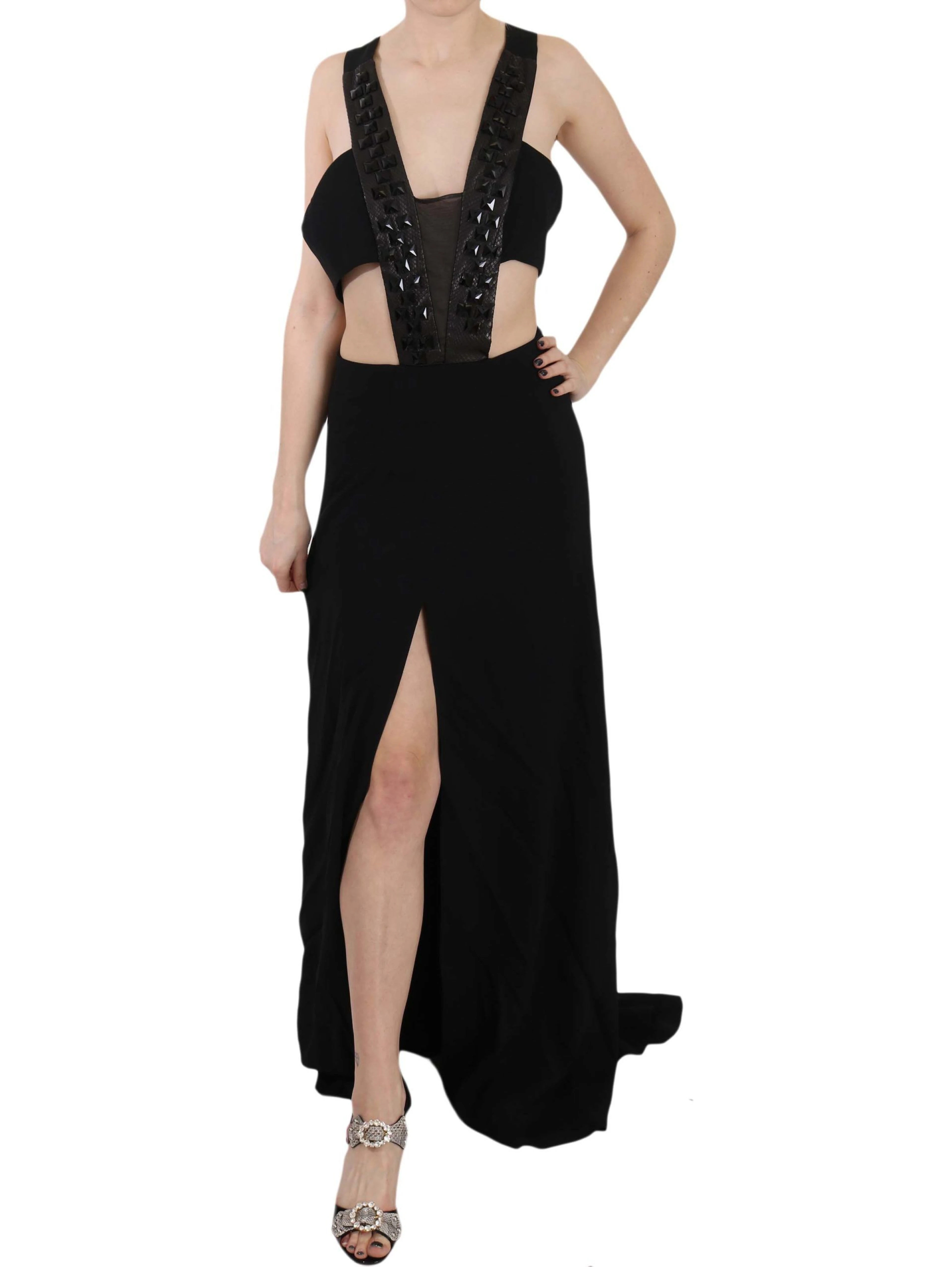 Black Crystal Leather Gown Flare Dress