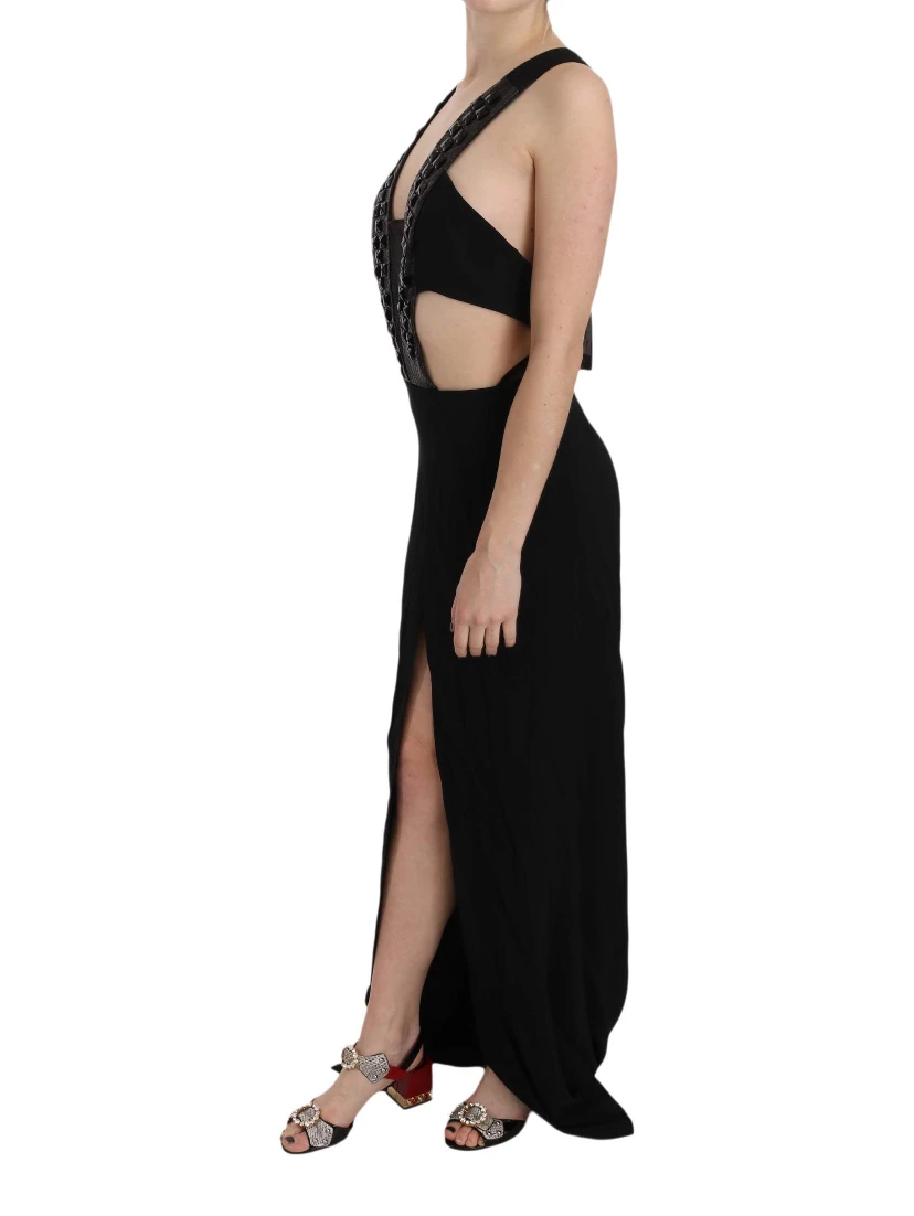 Black Crystal Leather Gown Flare Dress
