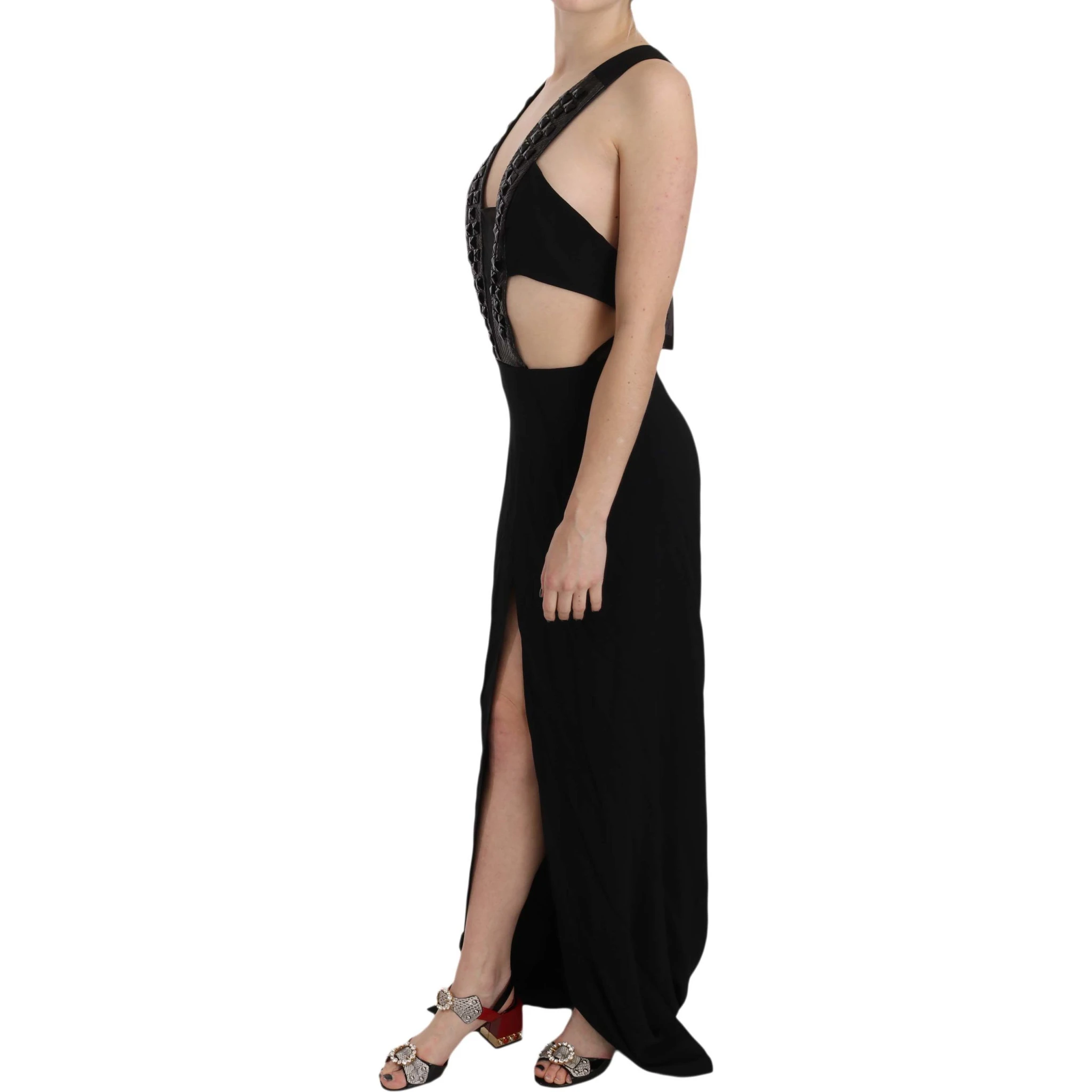 Black Crystal Leather Gown Flare Dress