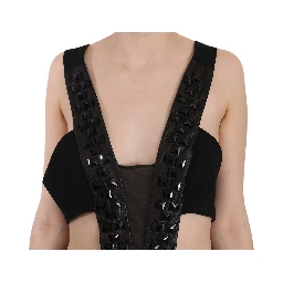 Black Crystal Leather Gown Flare Dress