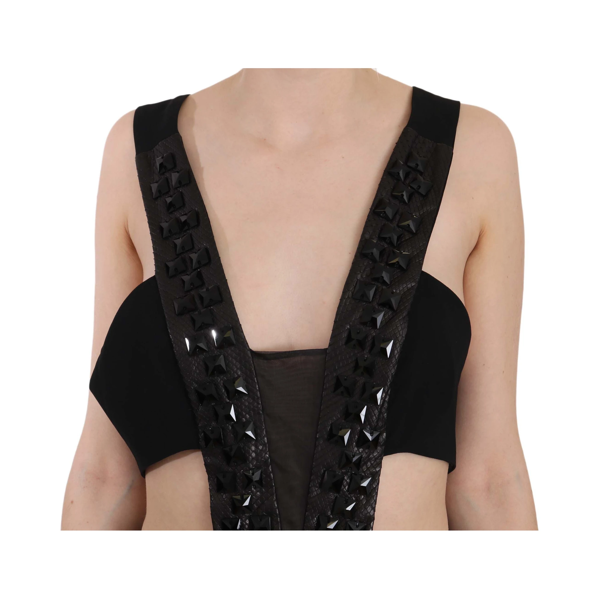 Black Crystal Leather Gown Flare Dress