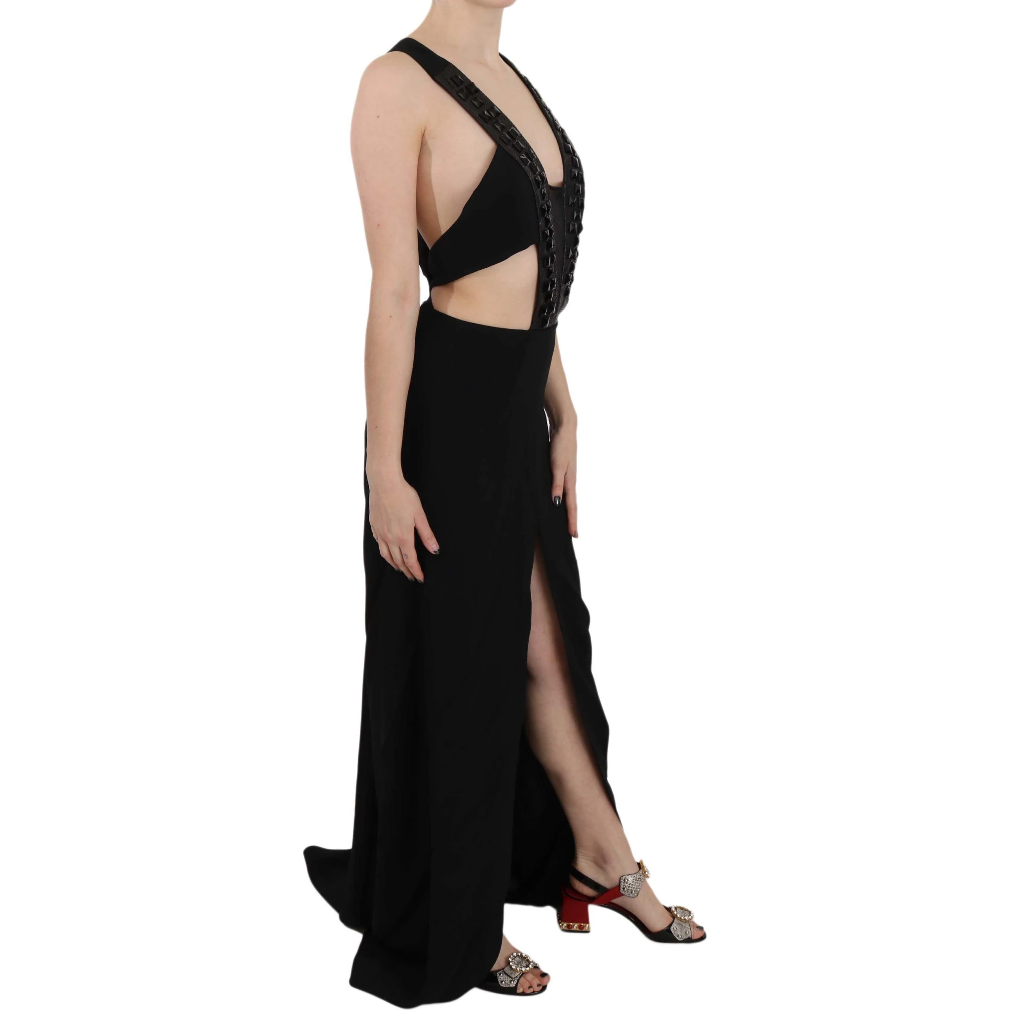 Black Crystal Leather Gown Flare Dress