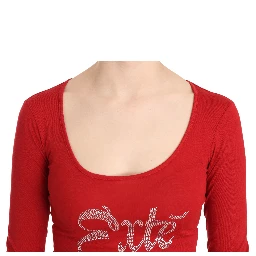 Red Exte Crystal Embellished Long Sleeve Top Blouse