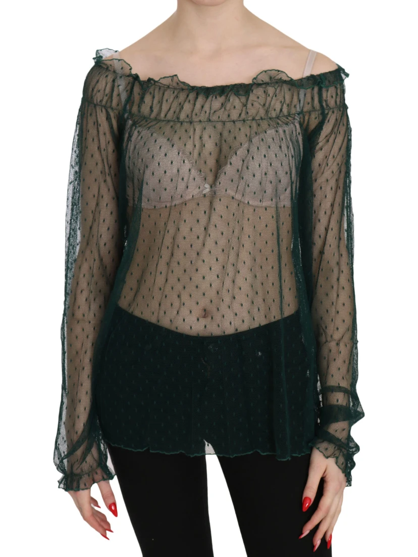 Green Mesh See Through Long Sleeve Top Blouse