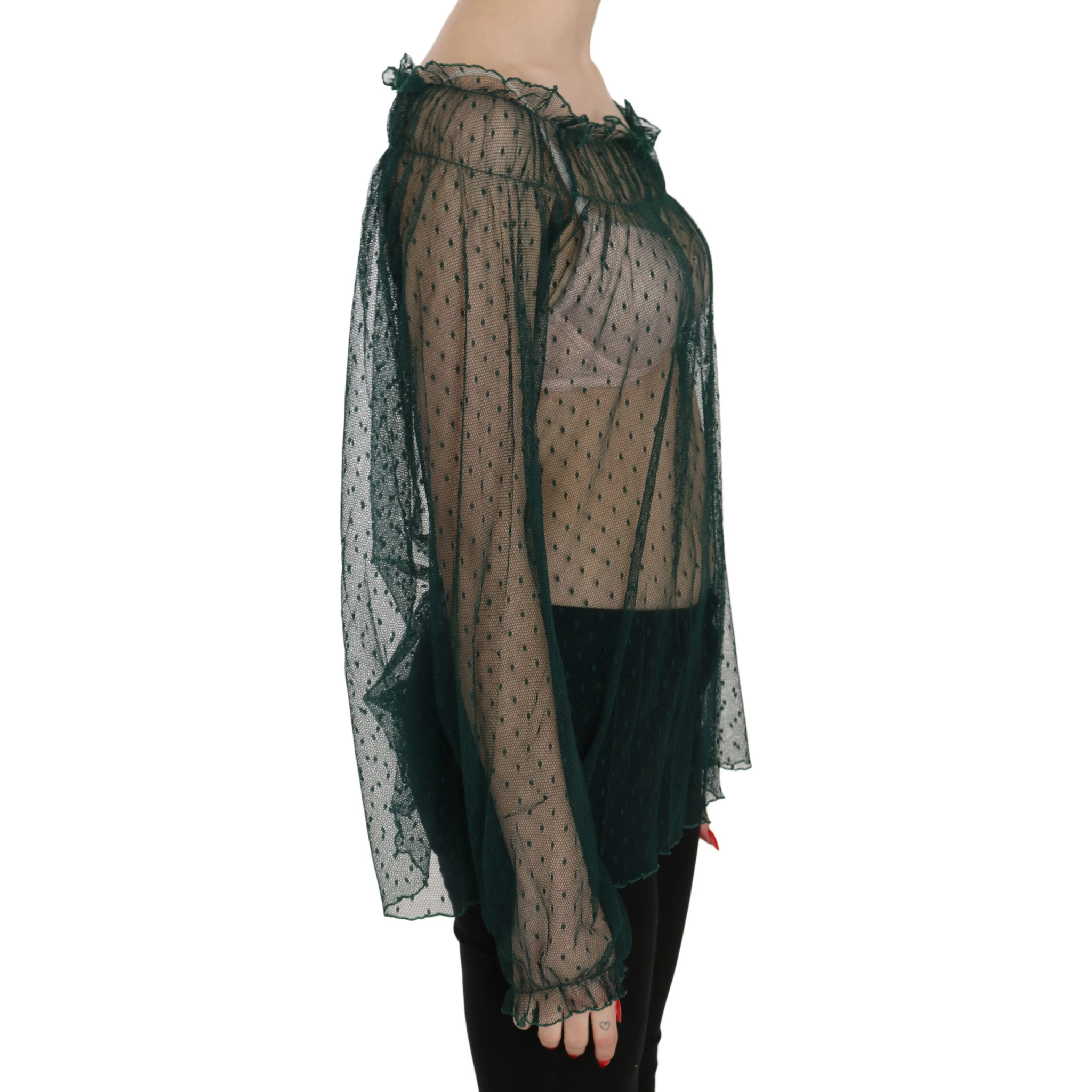 Green Mesh See Through Long Sleeve Top Blouse
