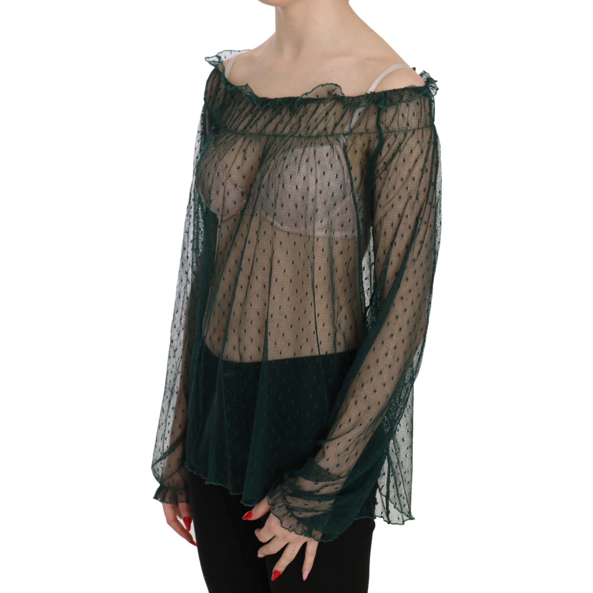 Green Mesh See Through Long Sleeve Top Blouse