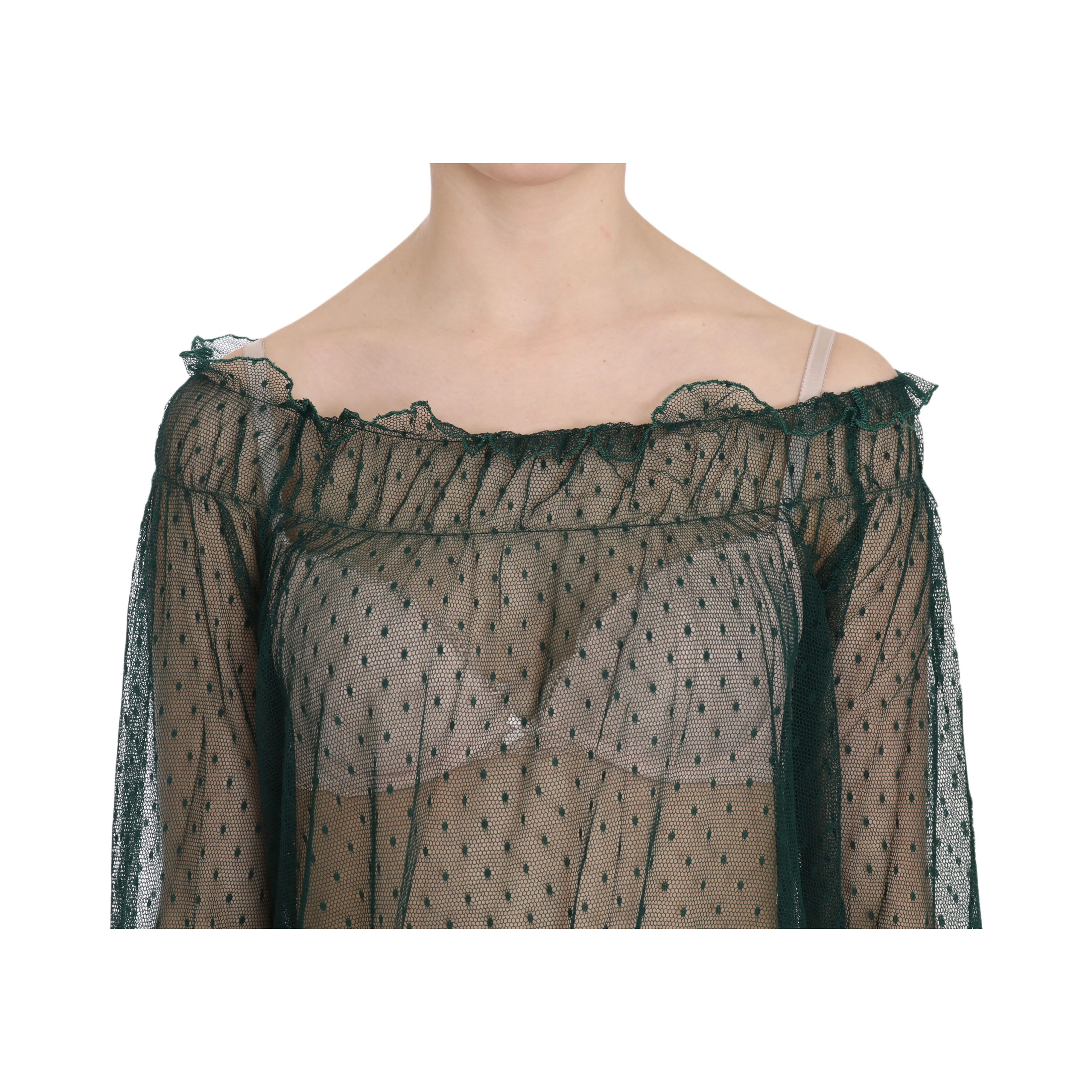 Green Mesh See Through Long Sleeve Top Blouse