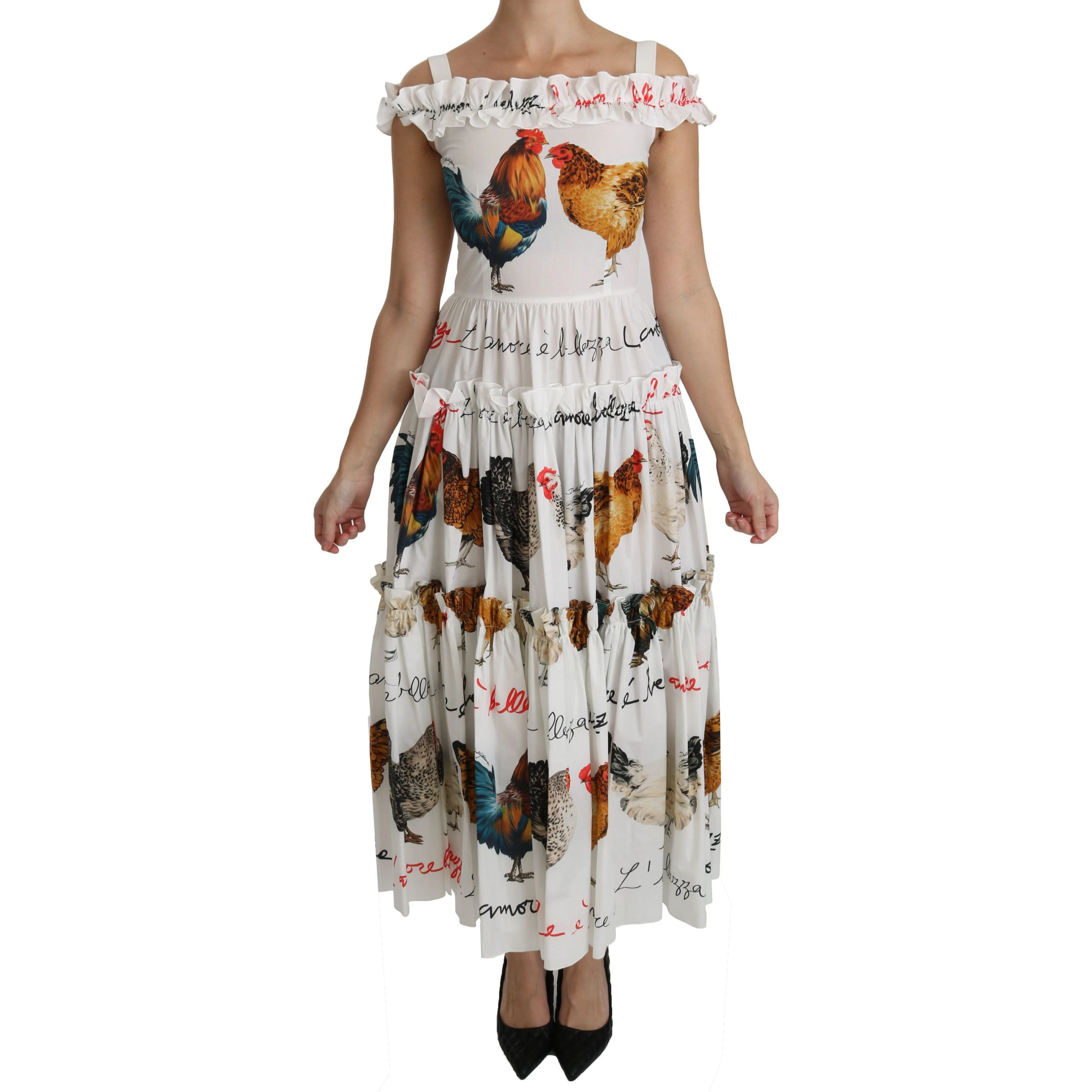 White Rooster Sheath Midi Cotton Dress