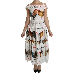 White Rooster Sheath Midi Cotton Dress