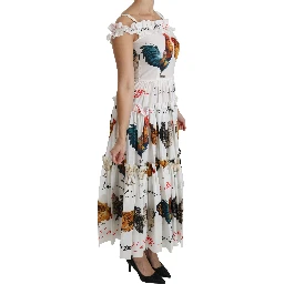 White Rooster Sheath Midi Cotton Dress