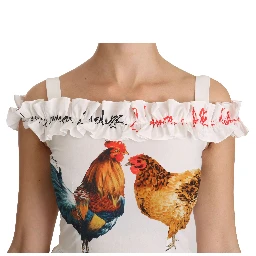 White Rooster Sheath Midi Cotton Dress