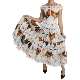 White Rooster Sheath Midi Cotton Dress