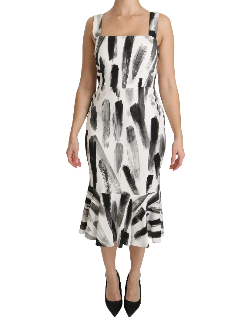White Black Printed Sheath Midi Viscose Dress