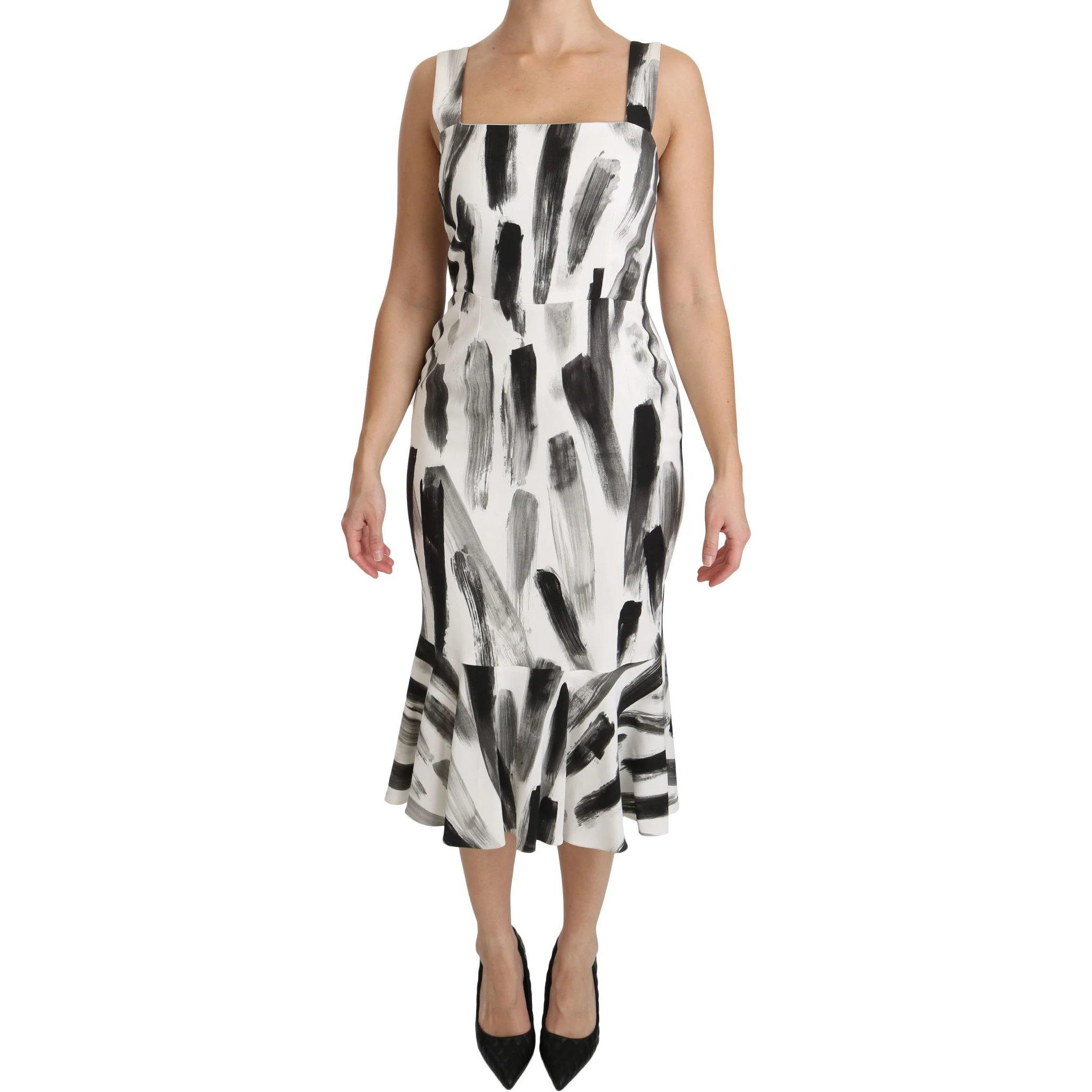 White Black Printed Sheath Midi Viscose Dress
