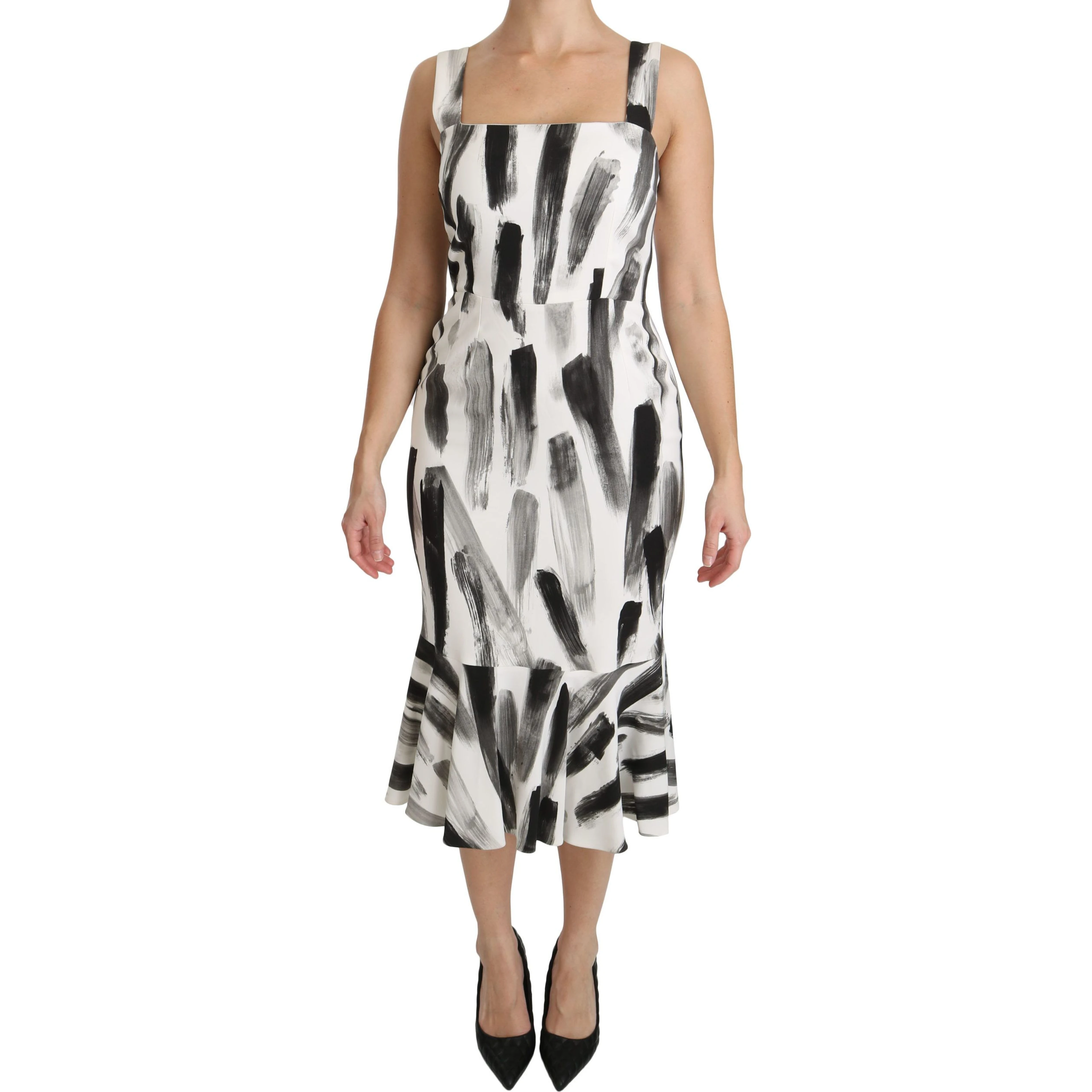 White Black Printed Sheath Midi Viscose Dress