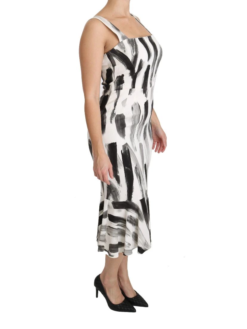 White Black Printed Sheath Midi Viscose Dress