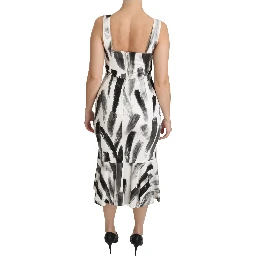 White Black Printed Sheath Midi Viscose Dress