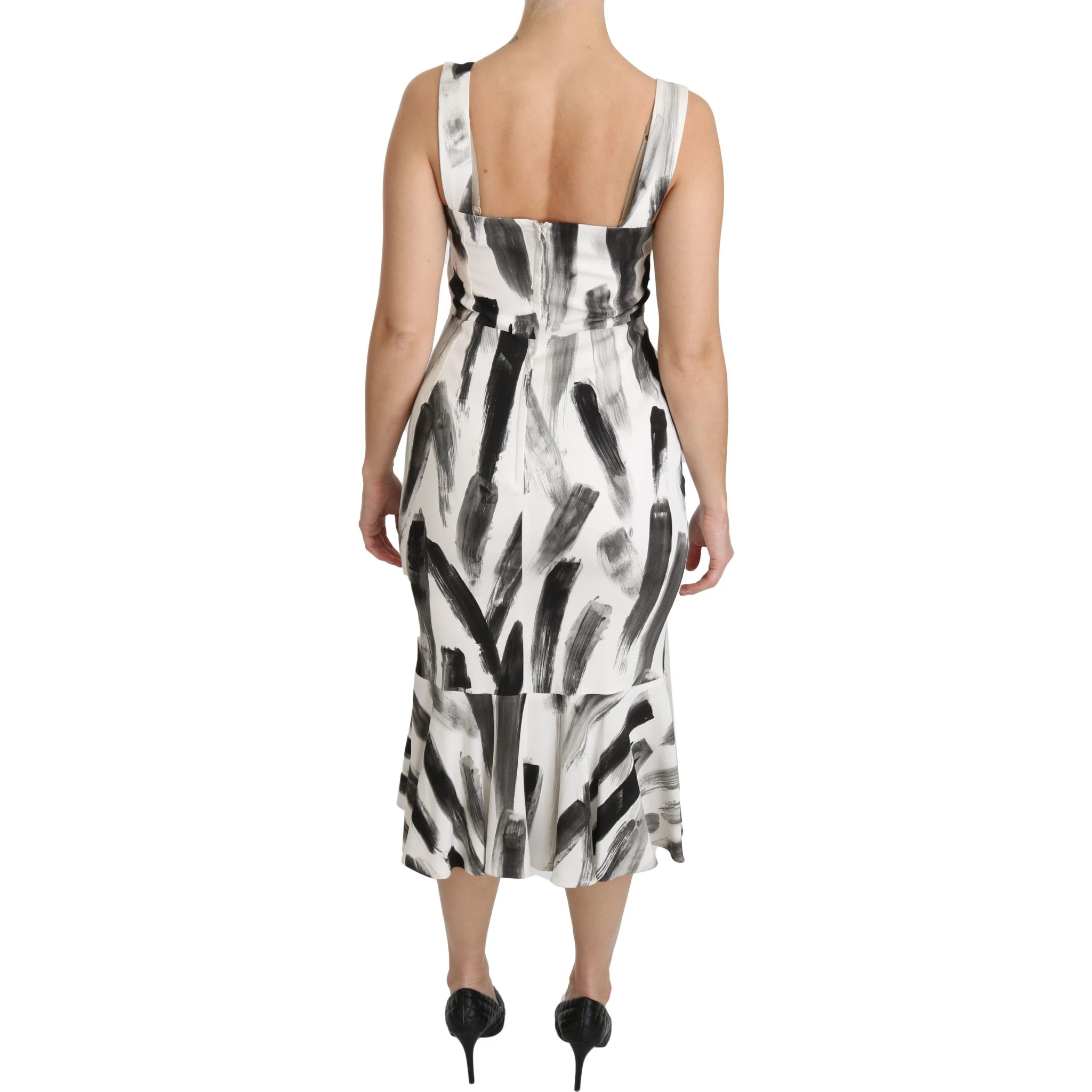 White Black Printed Sheath Midi Viscose Dress