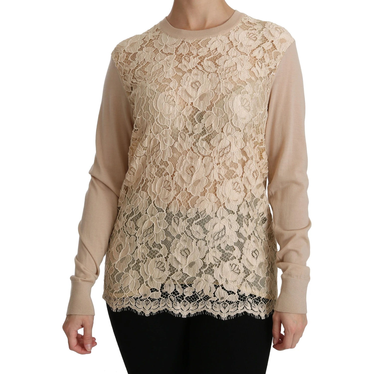 Beige Lace Long Sleeve Top Cashmere Blouse